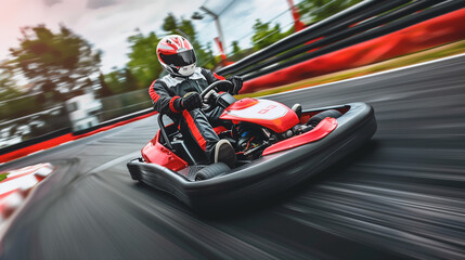 On a go-kart track, a man drives a go-kart at full speed, wearing a helmet and driver's suit. Its expressive driving shows concentration and agility in corners and straights.
