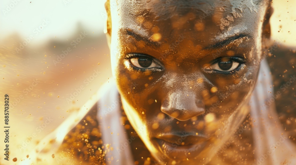 Poster dynamic close-up of focused long jumper mid-action with blurred background for speed concept