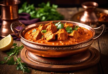 steaming chicken tikka masala copper dish, food, traditional, indian, cuisine, spices, cooking, meal, preparation, dinner, lunch, homemade, authentic