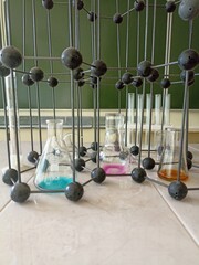 Chemical glassware in a chemistry lesson. Demonstration experience.