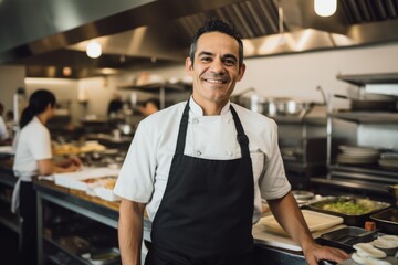 Fototapeta premium Portrait of a smiling hispanic male chef in kitchen