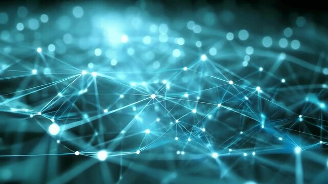 This visual representation of a digital network shows glowing nodes connected by bright lines on a dark background. The nodes and lines suggest data transfer, technology, and connectivity, evoking a