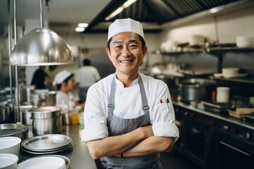 Portrait of a smiling middle aged male chef in kitchen
