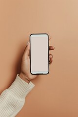 ?and holding, smartphon mockup beige backgrounds handheld aerial view minimalist outlines large-scale captivating