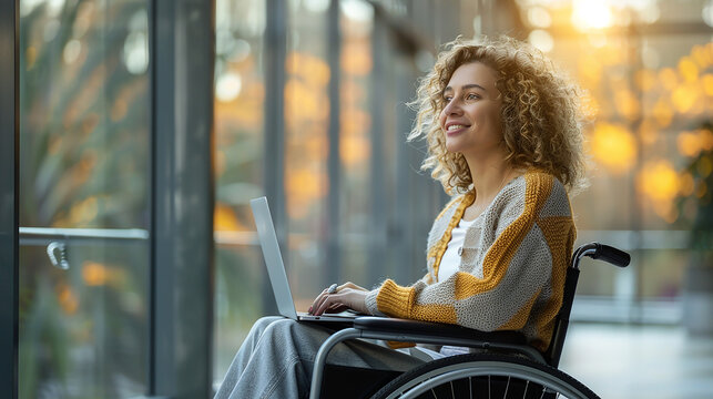 wide photo of cute woman in wheelchair using a laptop 