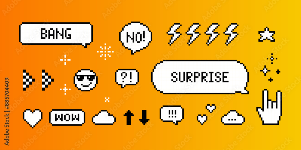 Poster set of pixel art speech bubbles and icons. wow. surprise. bang. retro game style dialogue box and el