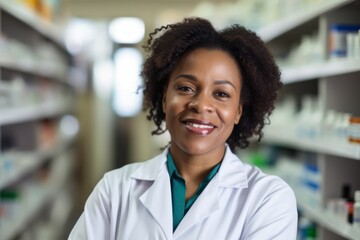 Smiling portrait of a middle aged female pharmacist in pharmacy