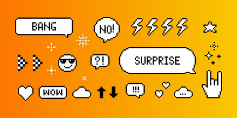 Set of pixel art speech bubbles and icons. Wow. Surprise. Bang. Retro game style dialogue box and elements vector collection. Pixels Y2k trendy playful stickers. 8bit icons. Mood of 90's aesthetics