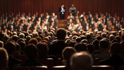 Fototapeta premium A large group of people sitting in an auditorium or conference room, listening to someone giving a presentation on stage with no one's face visible Generative AI