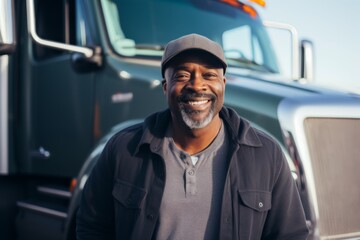 Smiling portrait of a middle aged African American male truck driver