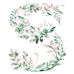 Watercolor Alphabet Letter S with Leaves and Flowers. Summer Ornament. Exotic Floral ABC Card. Birthday, Vintage Wedding Poster Font.  Initial Monogram S Painted in Watercolour Isolated on White.