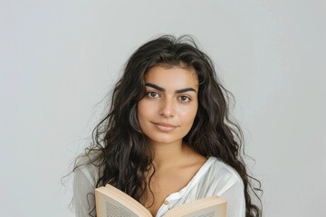 a woman holding a book while looking at the camera
