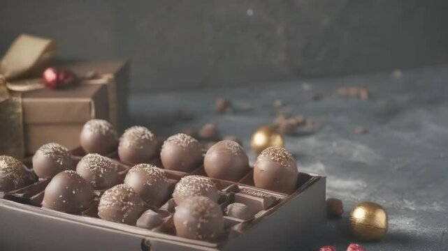 A selection of chocolate truffles, some dusted with white sprinkles, are displayed in a chocolate box. Holiday decorations, including gold ornaments and red berries, are scattered nearby. The scene