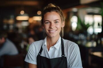 Fototapeta premium Portrait of a smiling young female waitress in restaurant