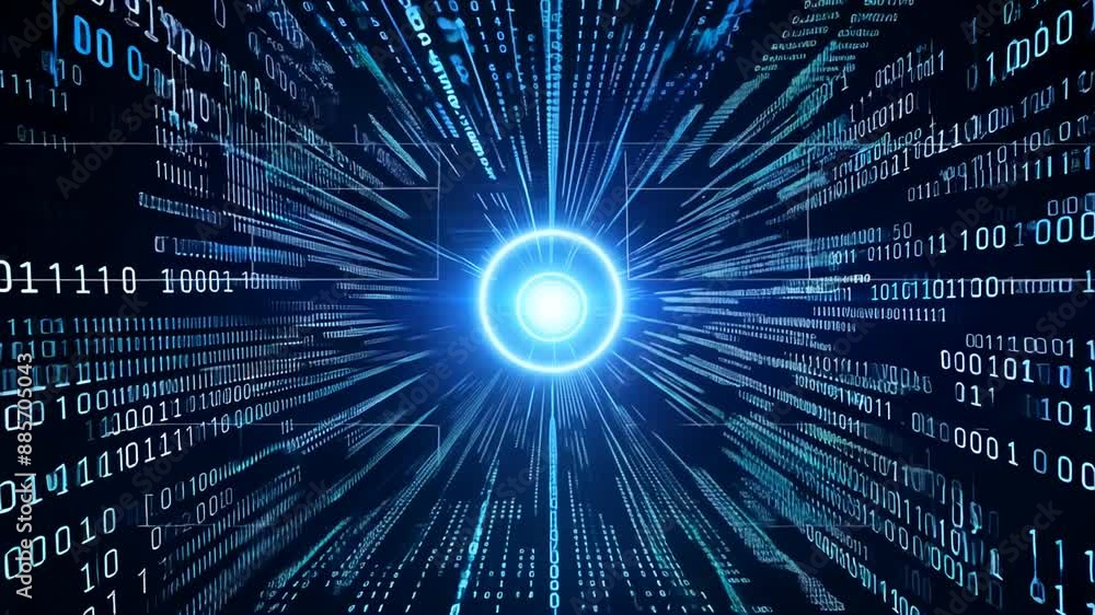 Poster binary code streaming into a bright circle generative ai