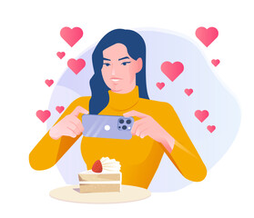Social media user. Woman blogger takes photo of beautiful cake on smartphone. Character with internet addiction creates content for social networks. Cartoon vector illustration isolated on background