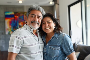 Fototapeta premium Portrait of a middle aged Hispanic couple in a modern home