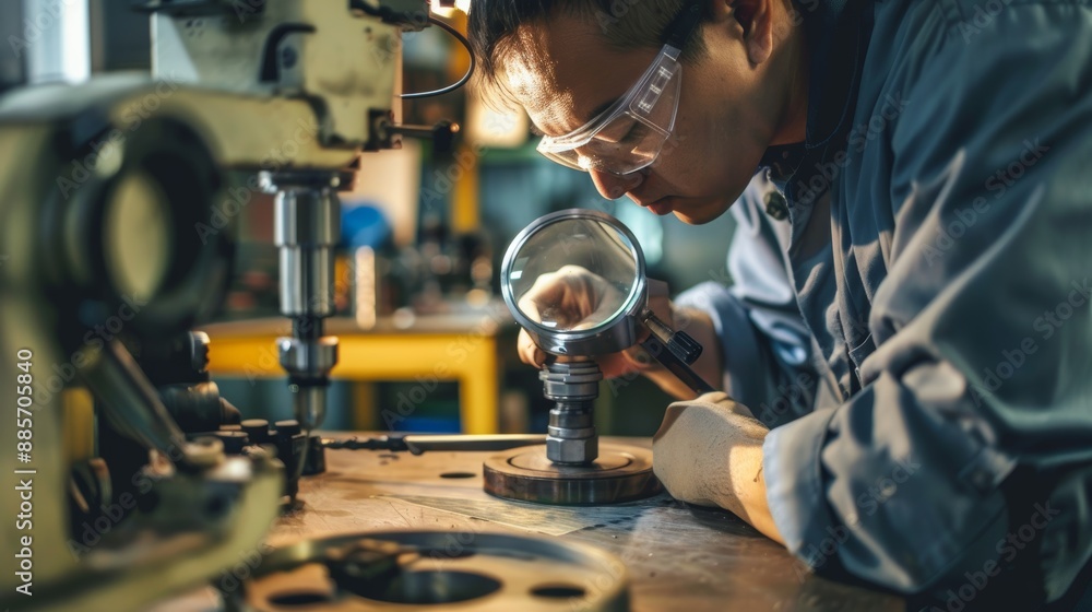 Poster industrial quality control: operator inspecting cutting tool in well-lit workshop with magnifying gl
