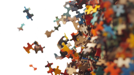 Puzzle jigsaw piece game background concept idea challenge match pattern. Toy solution connect problem abstract business heap. Teamwork shape colorful fit part creativity blue, transparent PNG