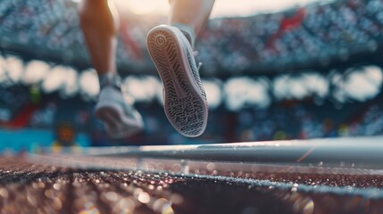 High Jump Athletic Feet Clearing Bar in Stadium with Focus on Detail and Tension