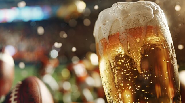 Cold Beer Overpour at Sports Event with Football Game in Background - Ideal for Sports Bar Posters