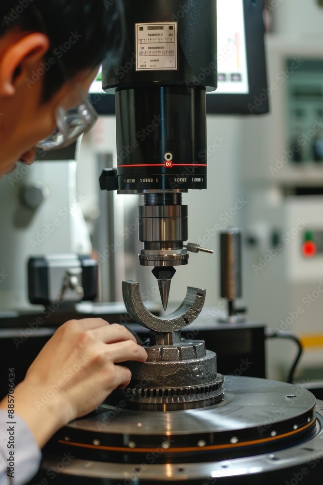 Poster operator inspects precision component with coordinate measuring machine in manufacturing facility
