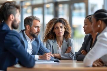 Team of diverse businesspeople confronting a dominant colleague in a heated meeting on workplace bullying and conflicts.
