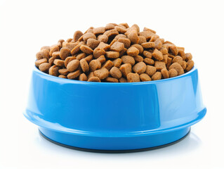 Dry cat food in a bowl, isolated on white background