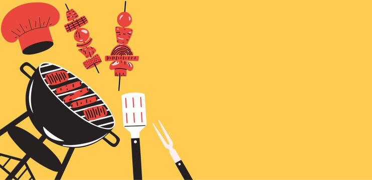 Yellow background with empty space and barbecue grill. Vector illustration