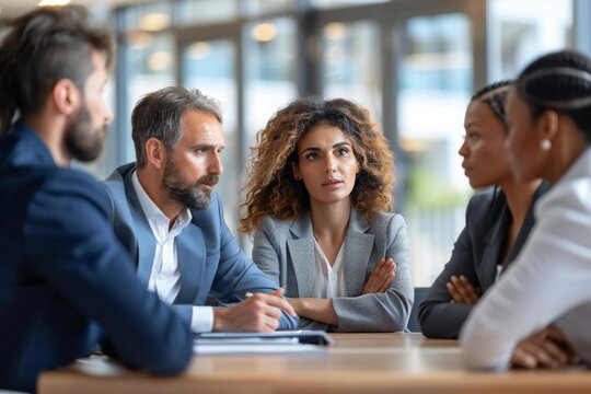 Team of diverse businesspeople confronting a dominant colleague in a heated meeting on workplace bullying and conflicts.