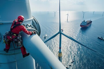 a man in red shirt and red helmet on top of a wind turbine