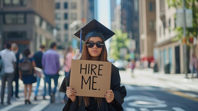 cool female student wearing a graduation coat in city holding hire me sign, unemployed graduation student concept