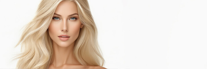 Naklejka premium Flawless blonde with an elegant hairstyle of long hair on a white background with copy space.