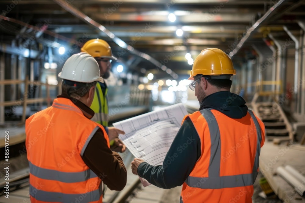 Poster engineers and construction workers reviewing blueprints in partially constructed subway station