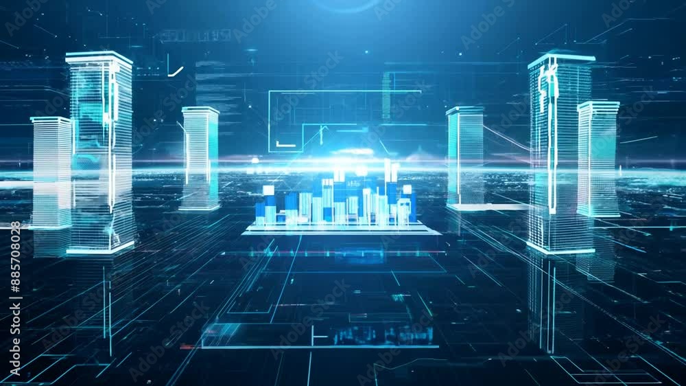 Poster digital cityscape with data flow generative ai