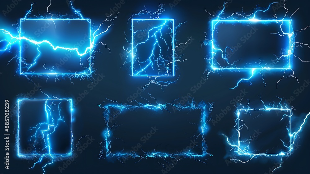 Leinwandbilder Blue electric borders of rectangular and square shapes with thunder bolt effect, Lightning frames