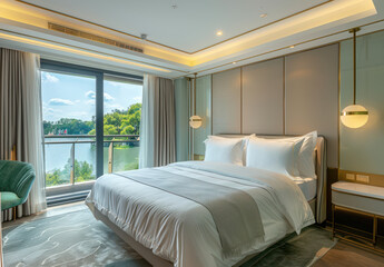 beautiful water view in a luxury big window hotel room next to the river