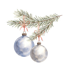 Glass round New Year's ball-toy for a Christmas tree in blue and gray colors on a pine branch. Hand drawn watercolor Christmas illustration. Suitable for New Year cards, decorations and holiday design