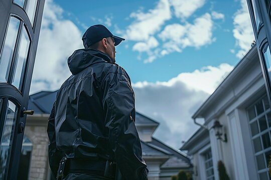 rear view photo of a male security guard standing outside a house, wearing a black jacket and cap. He is looking out towards the distance, exuding authority and vigilance. The clouds