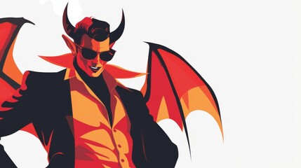 a stylish devil, in upscale fashion, flat color illustration, bold, isolated on white background