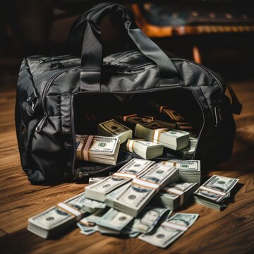 a duffel bag filled with money on a wooden floor