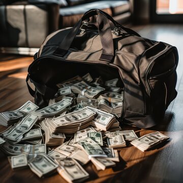 a duffel bag full of money on the floor