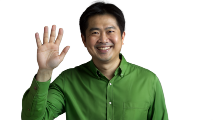 Smiling Man Wearing Green Shirt Waves Hand In Greeting