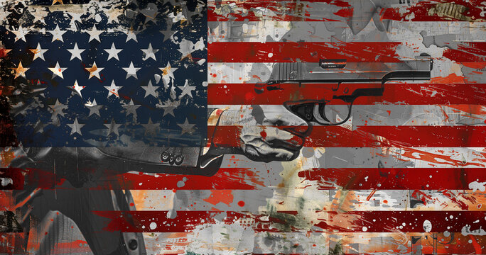 Double exposure: Gunman pointing a pistol and  on American Flag - National Security