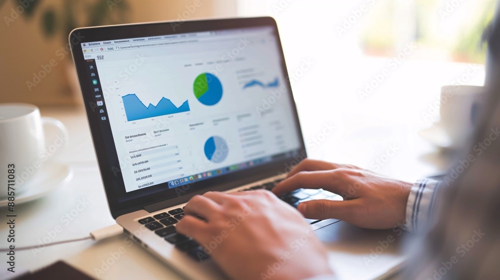 Wall mural a focused advertising manager reviews website analytics on their laptop, analyzing data to optimize 