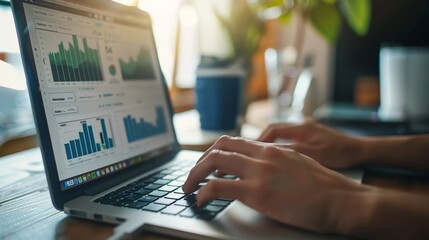 A focused advertising manager reviews website analytics on their laptop, analyzing data to optimize campaign performance.