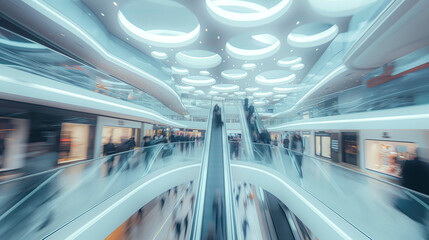 A blurred view of a multi-level shopping mall with white staircases and escalators