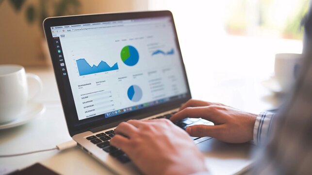 A focused advertising manager reviews website analytics on their laptop, analyzing data to optimize campaign performance.