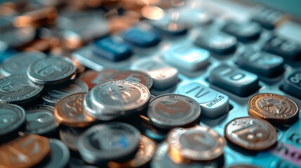 A close-up view of various coins from different currencies placed on top of a calculator buttons, illustrating financial management, currency exchange, and economic calculations.