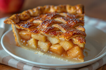 Close up of a piece of apple pie, on a white porcelain plate 